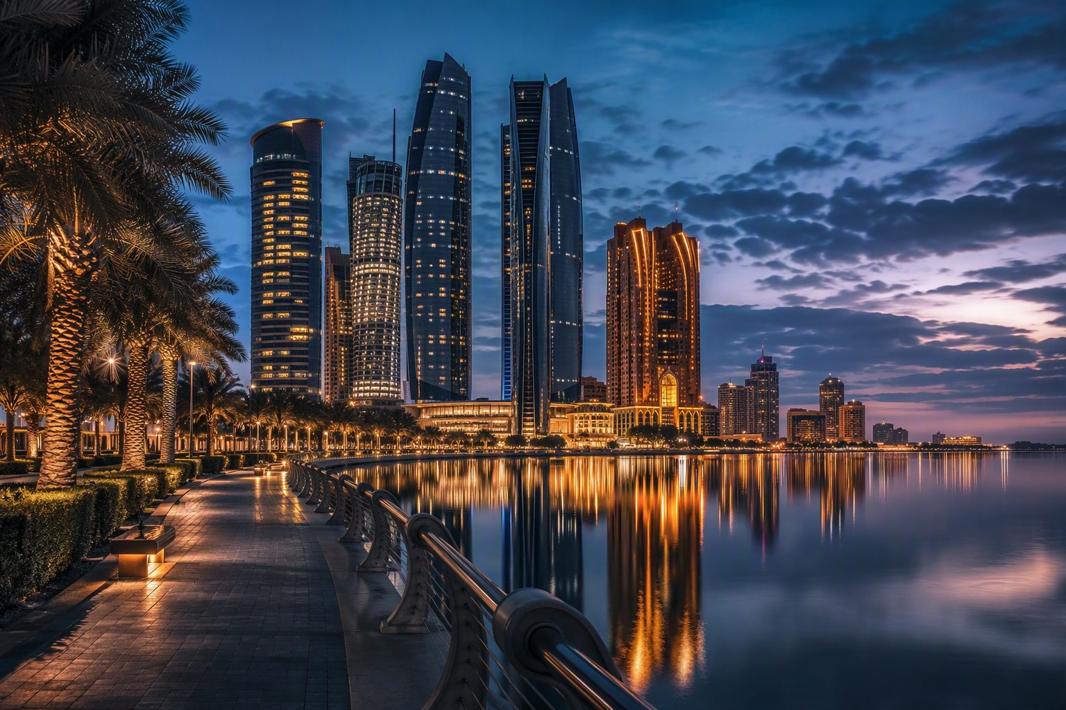 La Corniche d’Abu Dhabi à l’heure bleue.