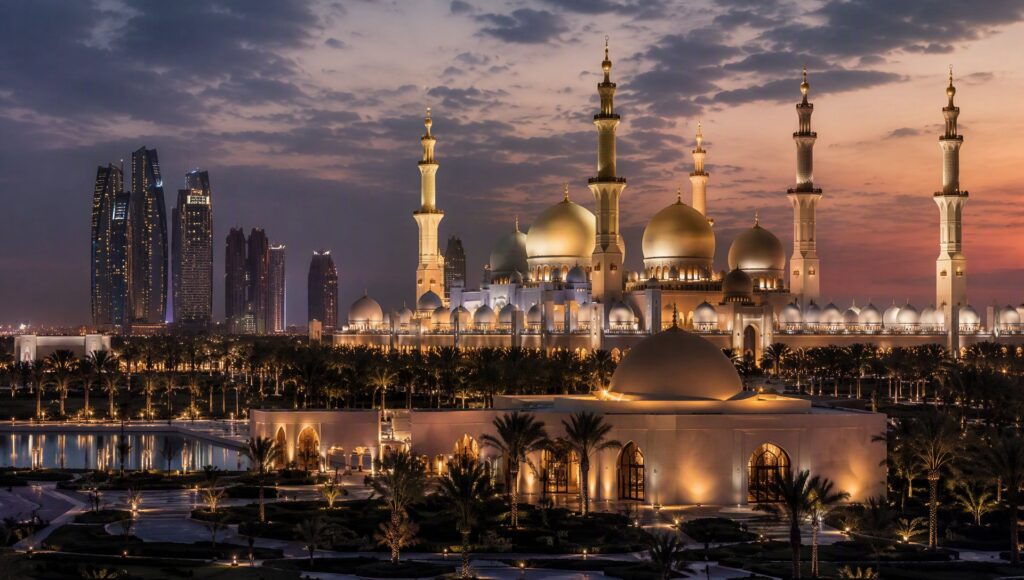 Vue de Abu Dhabi au crépuscule.
