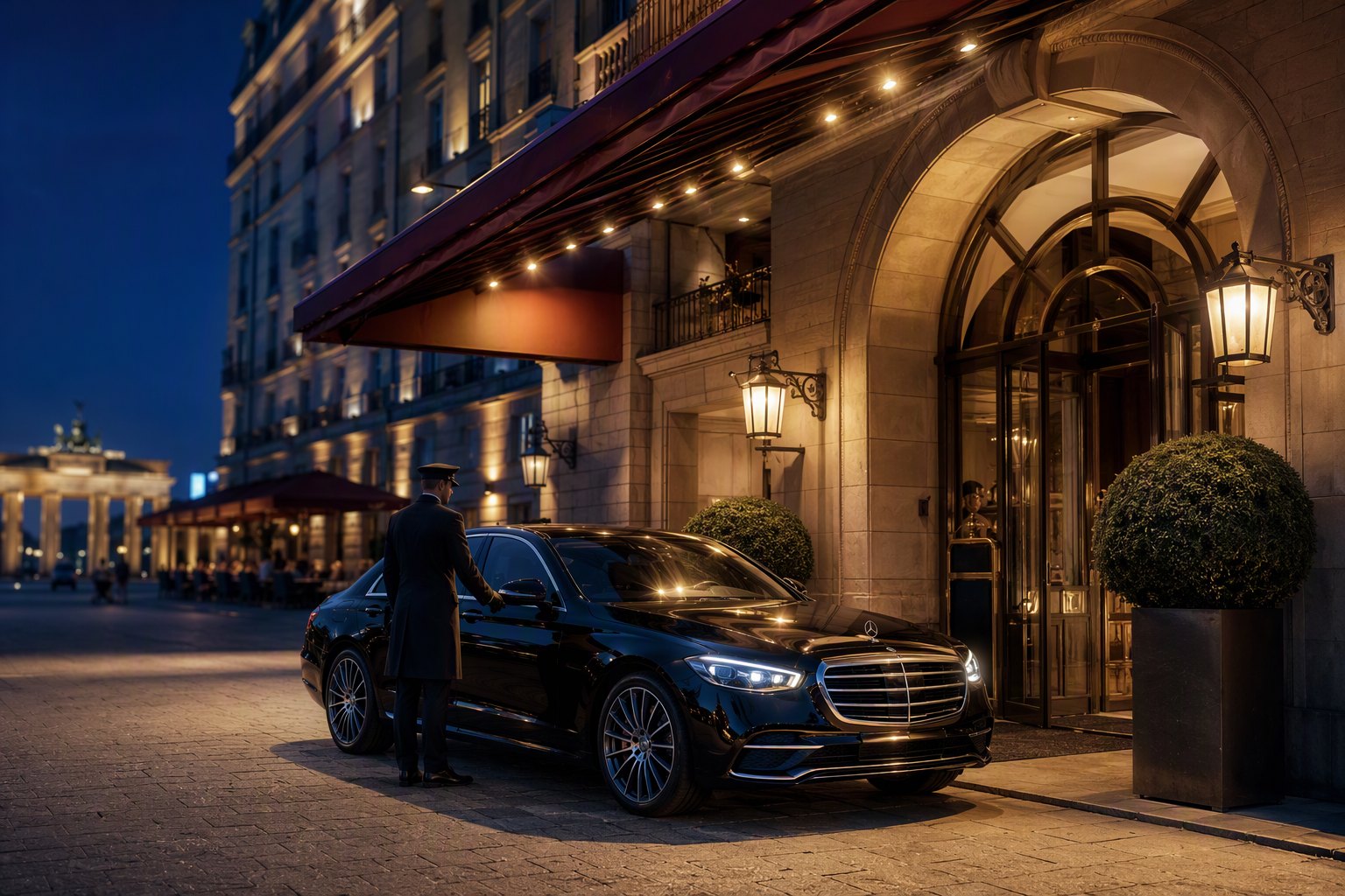 Une berline et son chauffeur devant l’Adlon, la nuit.