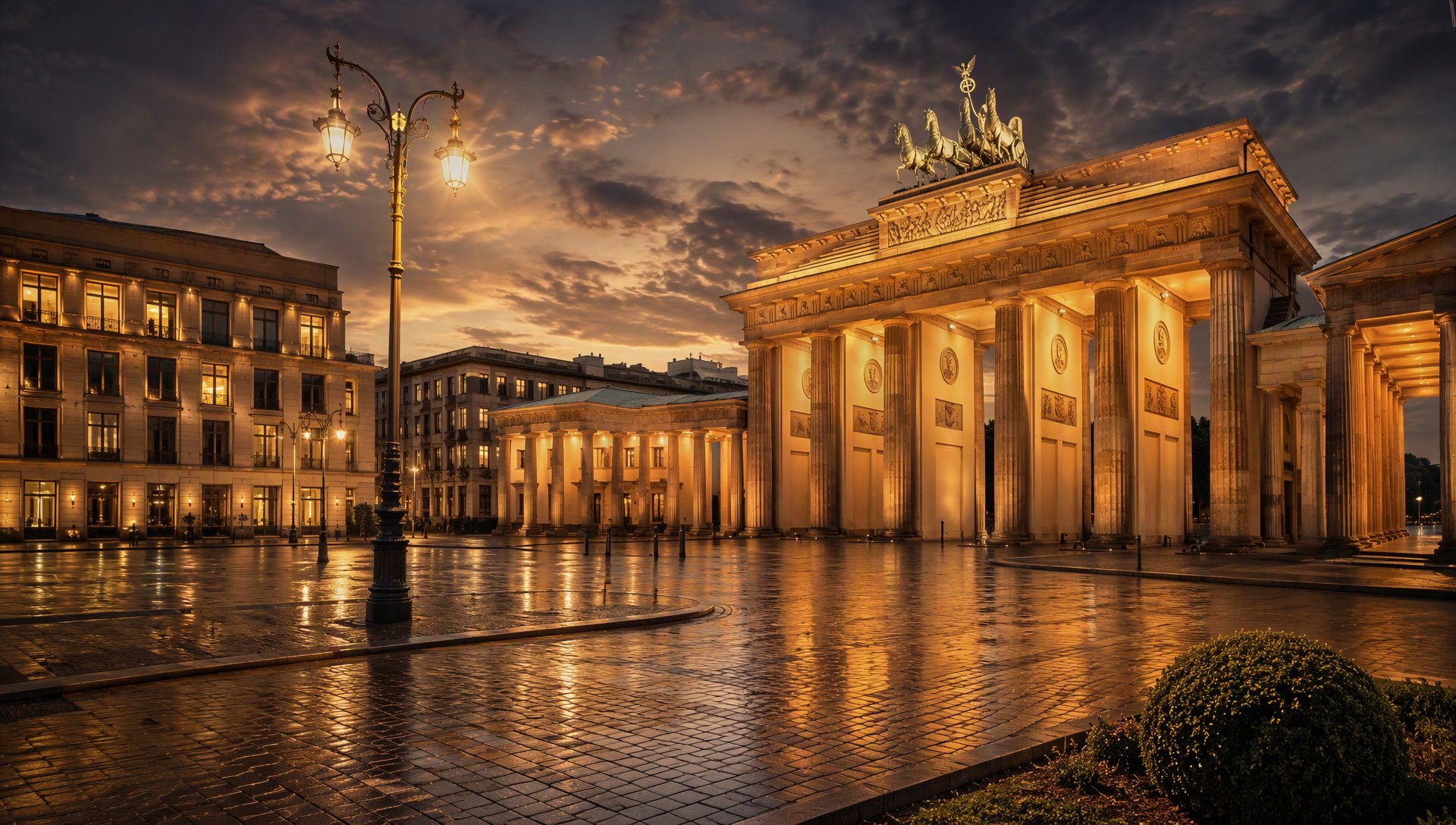 La Porte de Brandebourg illuminée au crépuscule.