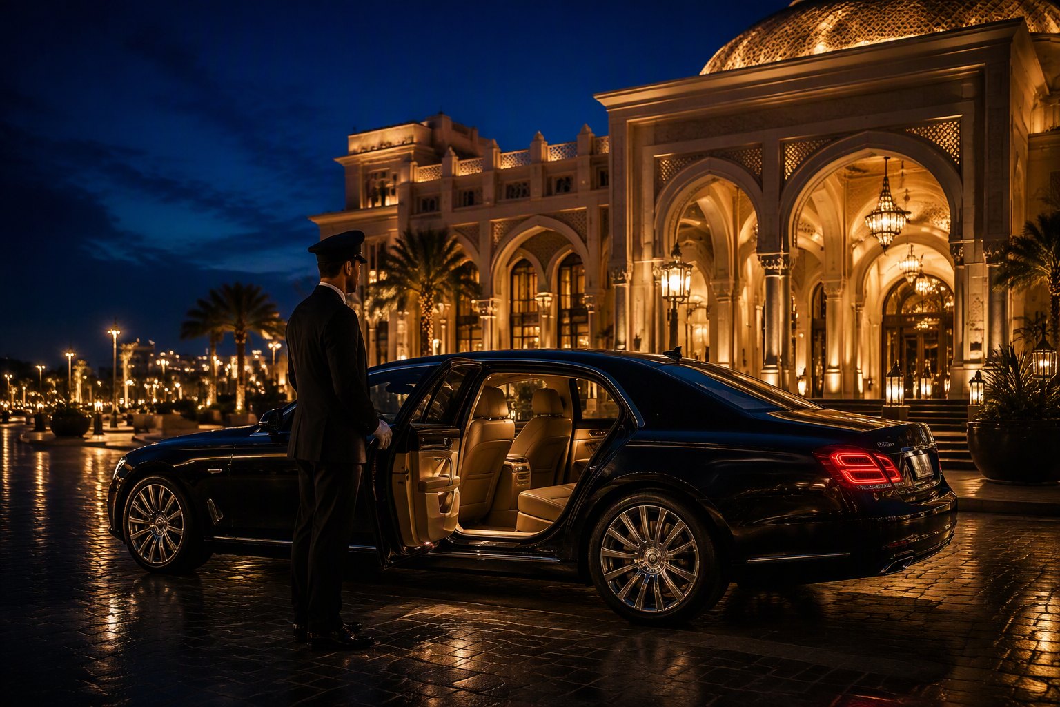 Une berline et son chauffeur devant un palace de Djeddah, la nuit.