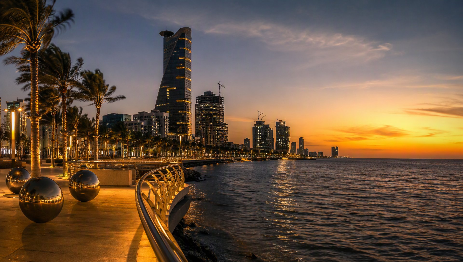 La corniche de Djeddah et la mer Rouge au crépuscule.