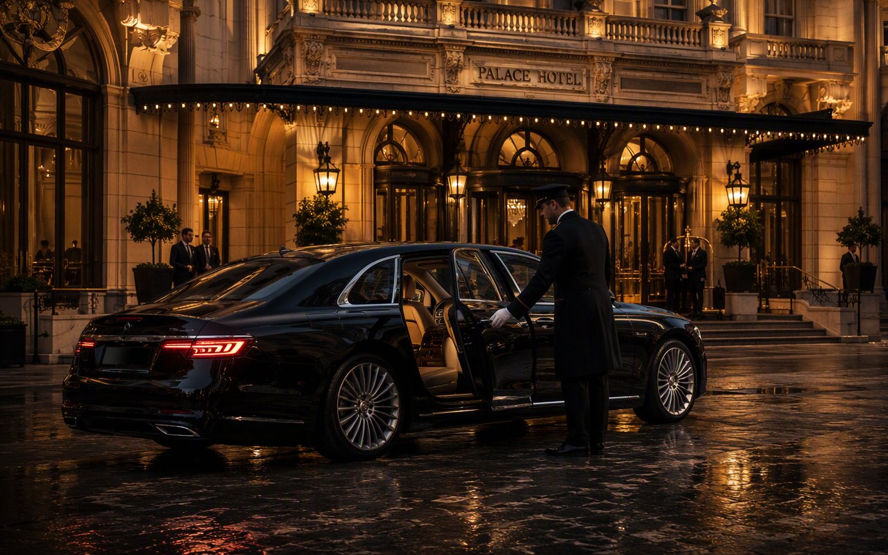 Berline de prestige devant un palace, la portière ouverte par un chauffeur en livrée.