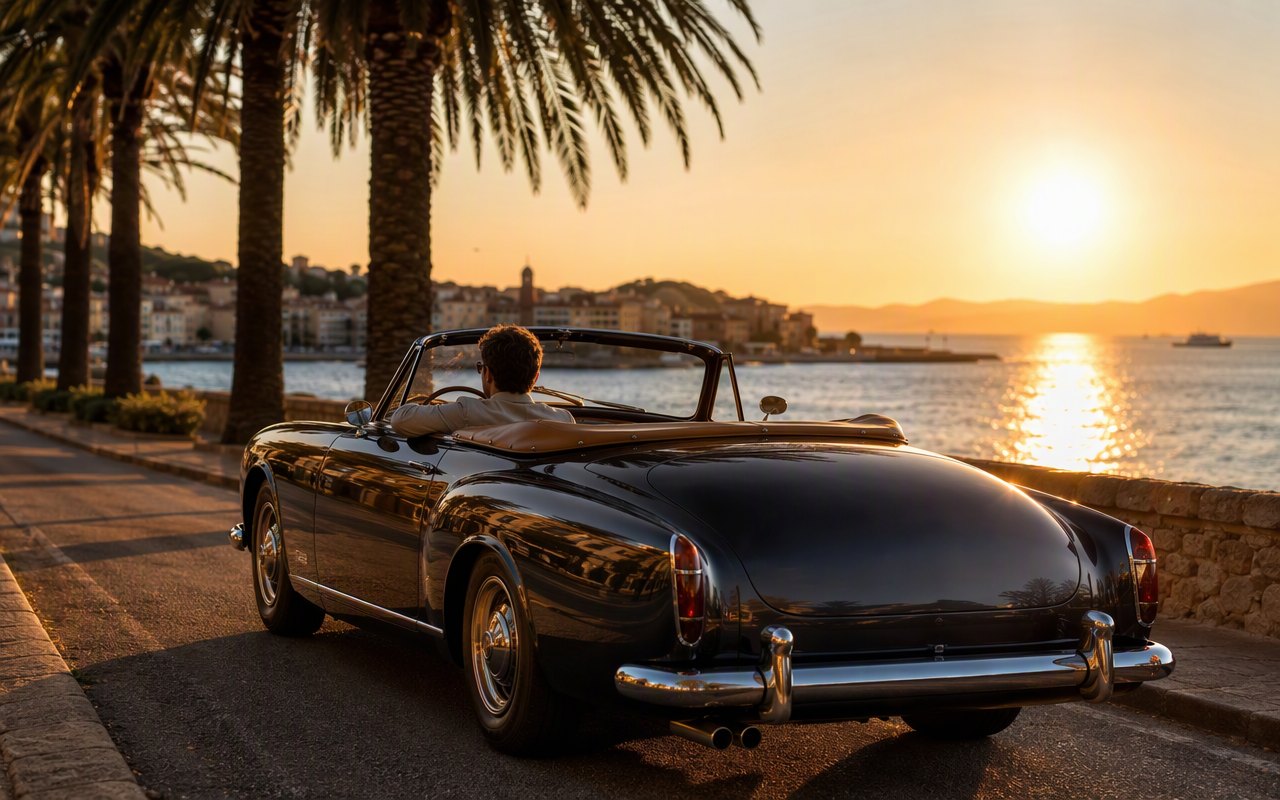 Cabriolet élégant face à la mer au coucher du soleil sur la Riviera.