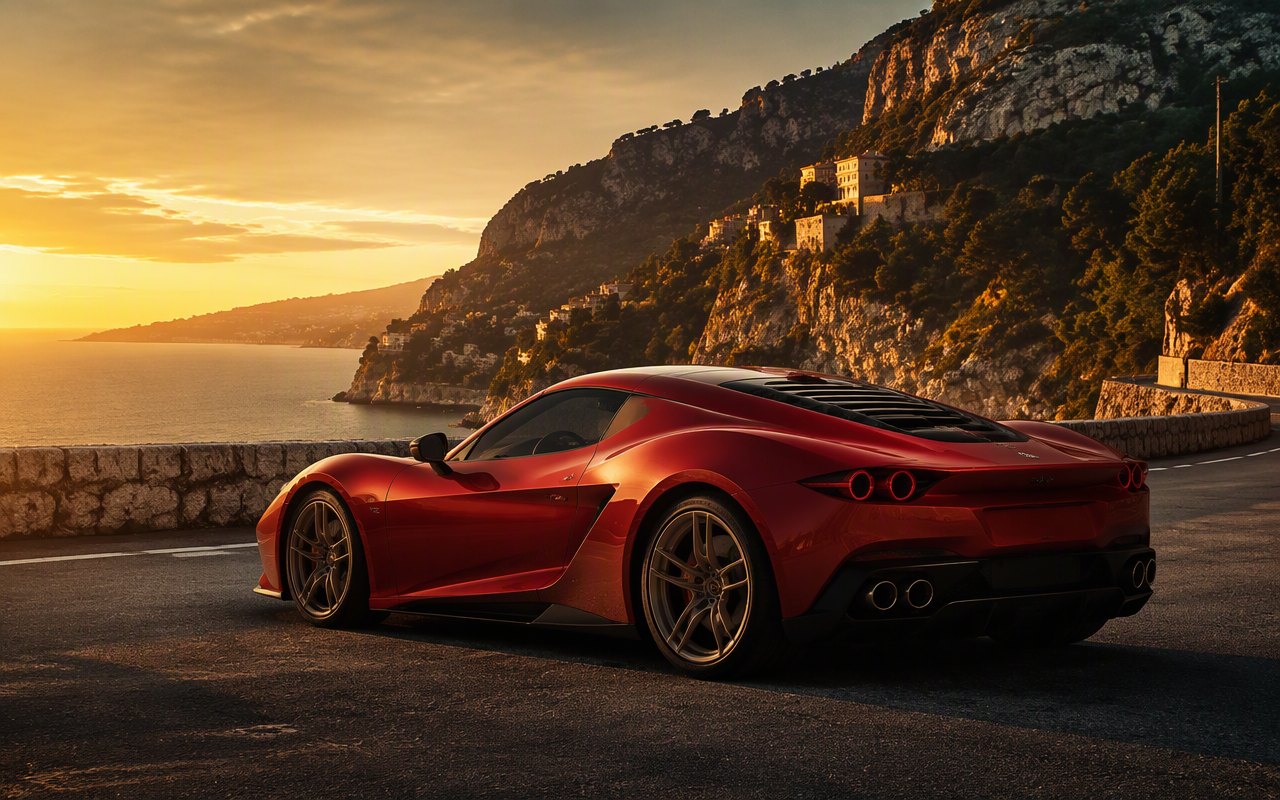 Supercar rouge sur la corniche de la Riviera au couchant.