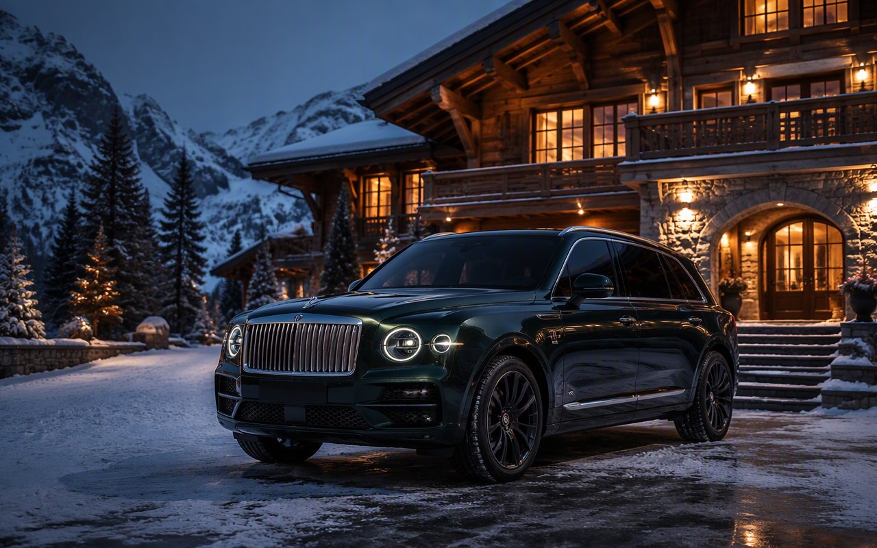SUV de luxe devant un chalet alpin à l’heure bleue.