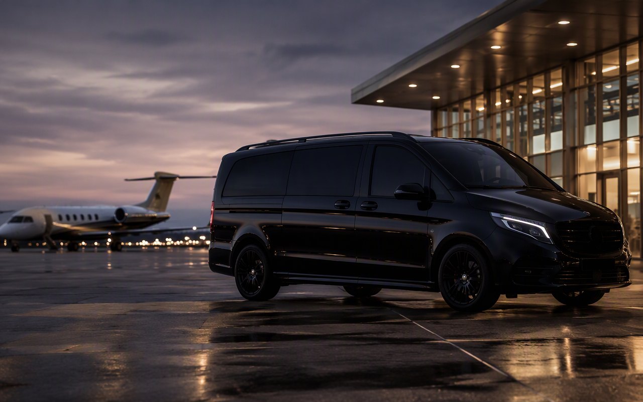 Van VIP noir devant un terminal d’aviation privée au crépuscule.