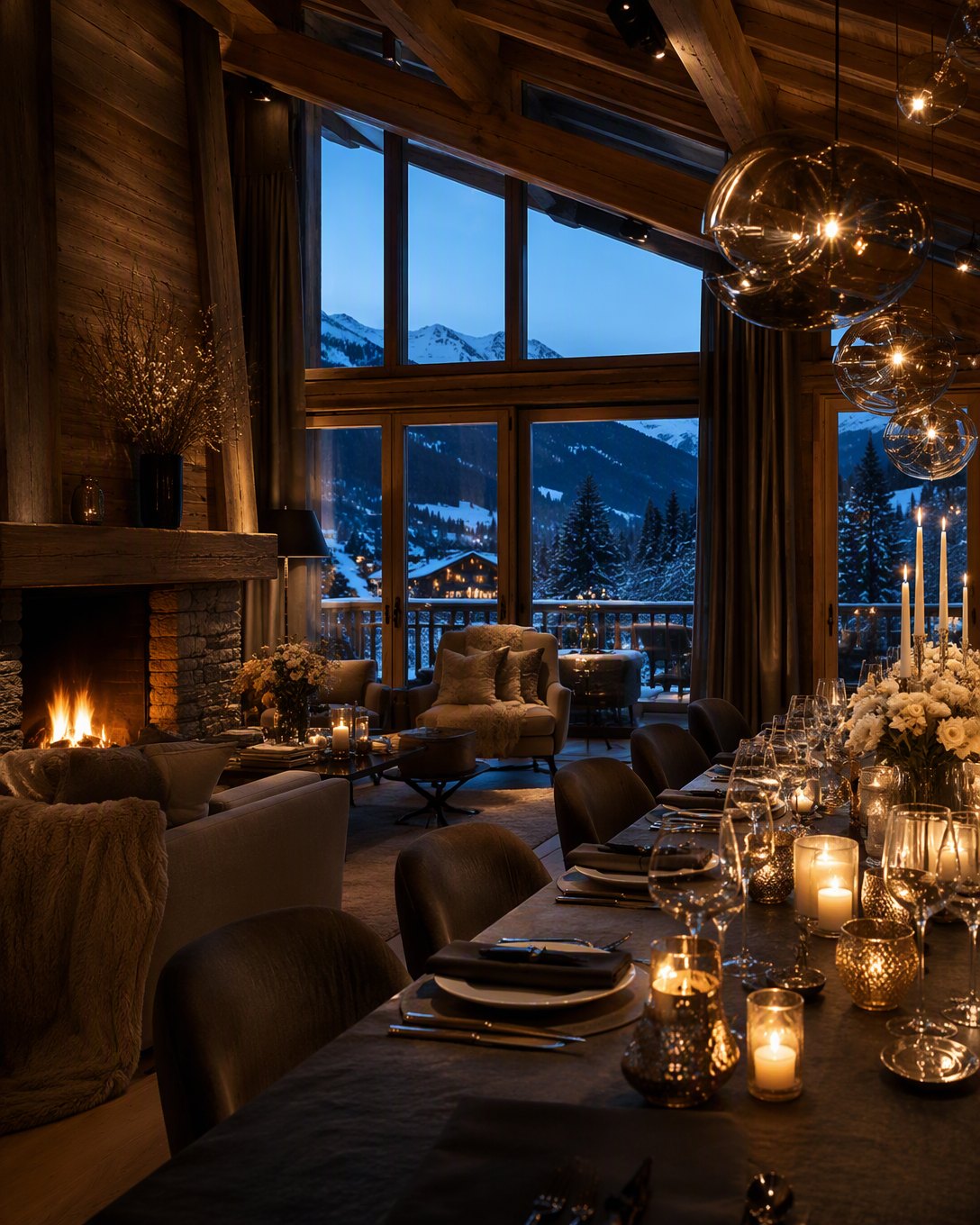 L’intérieur d’un chalet de Gstaad : bois chaleureux, feu et cachemire.
