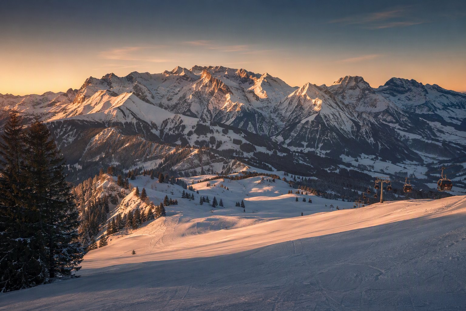 Les Alpes bernoises au-dessus de Gstaad, sous la lumière dorée.