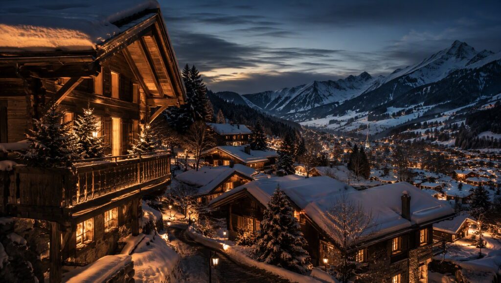Vue de Gstaad au crépuscule.