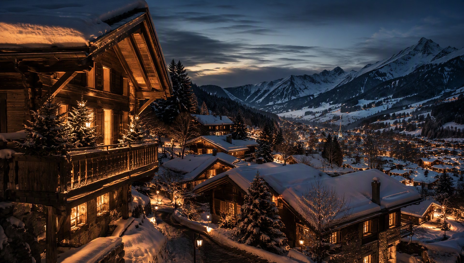 Les chalets de Gstaad sous la neige au crépuscule, panorama des Alpes bernoises.