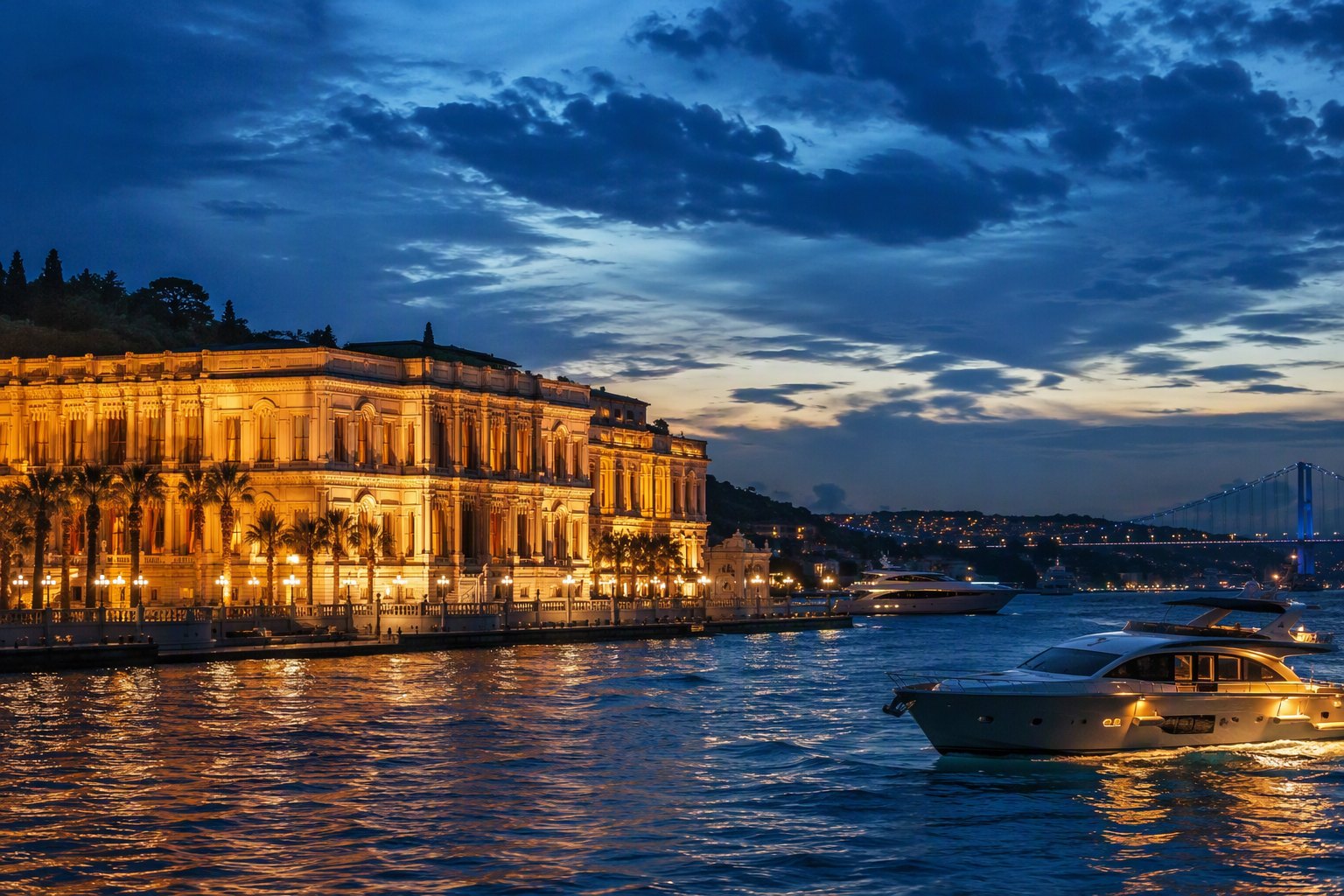 Le Bosphore à l’heure bleue, entre palais et yachts.
