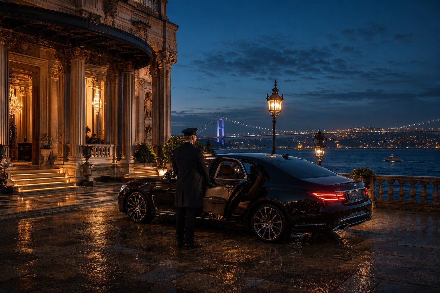 Une berline et son chauffeur devant un palais ottoman, la nuit.