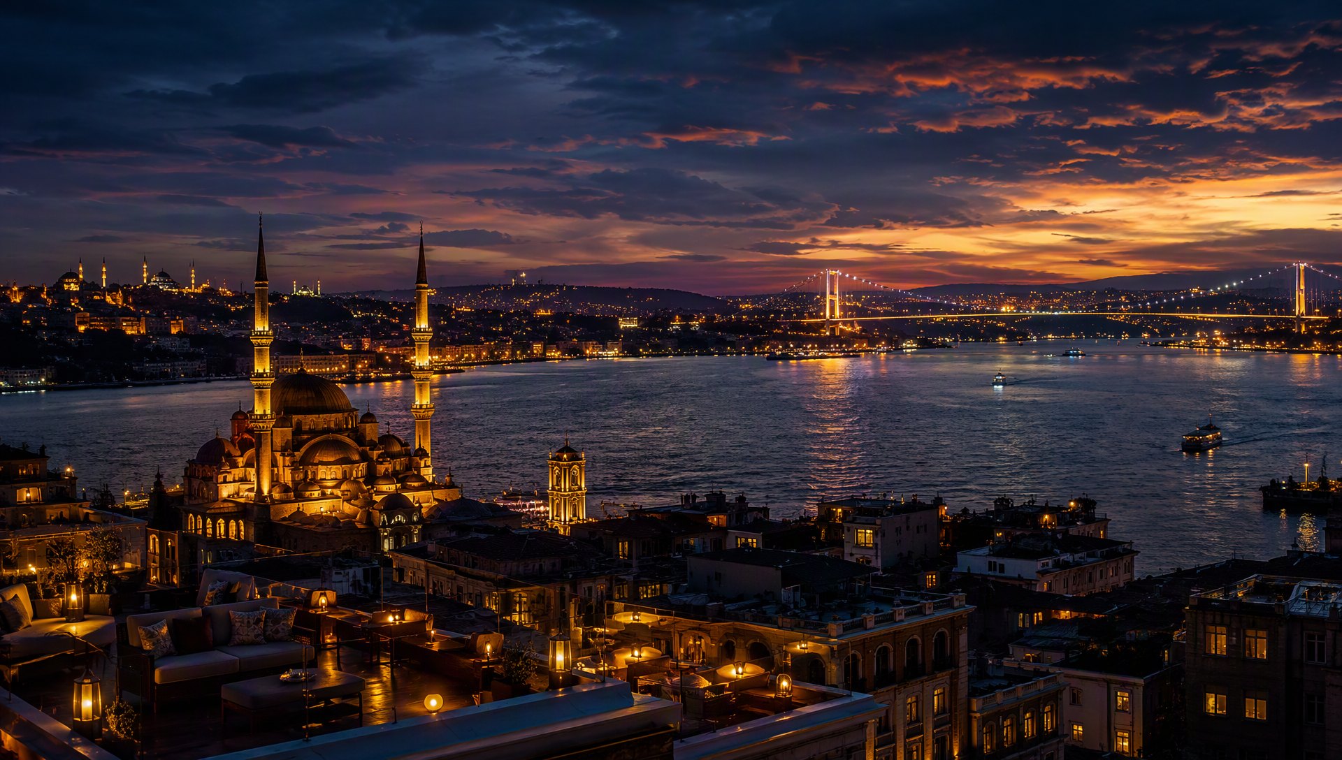 Le Bosphore et les silhouettes des mosquées d’Istanbul au crépuscule.