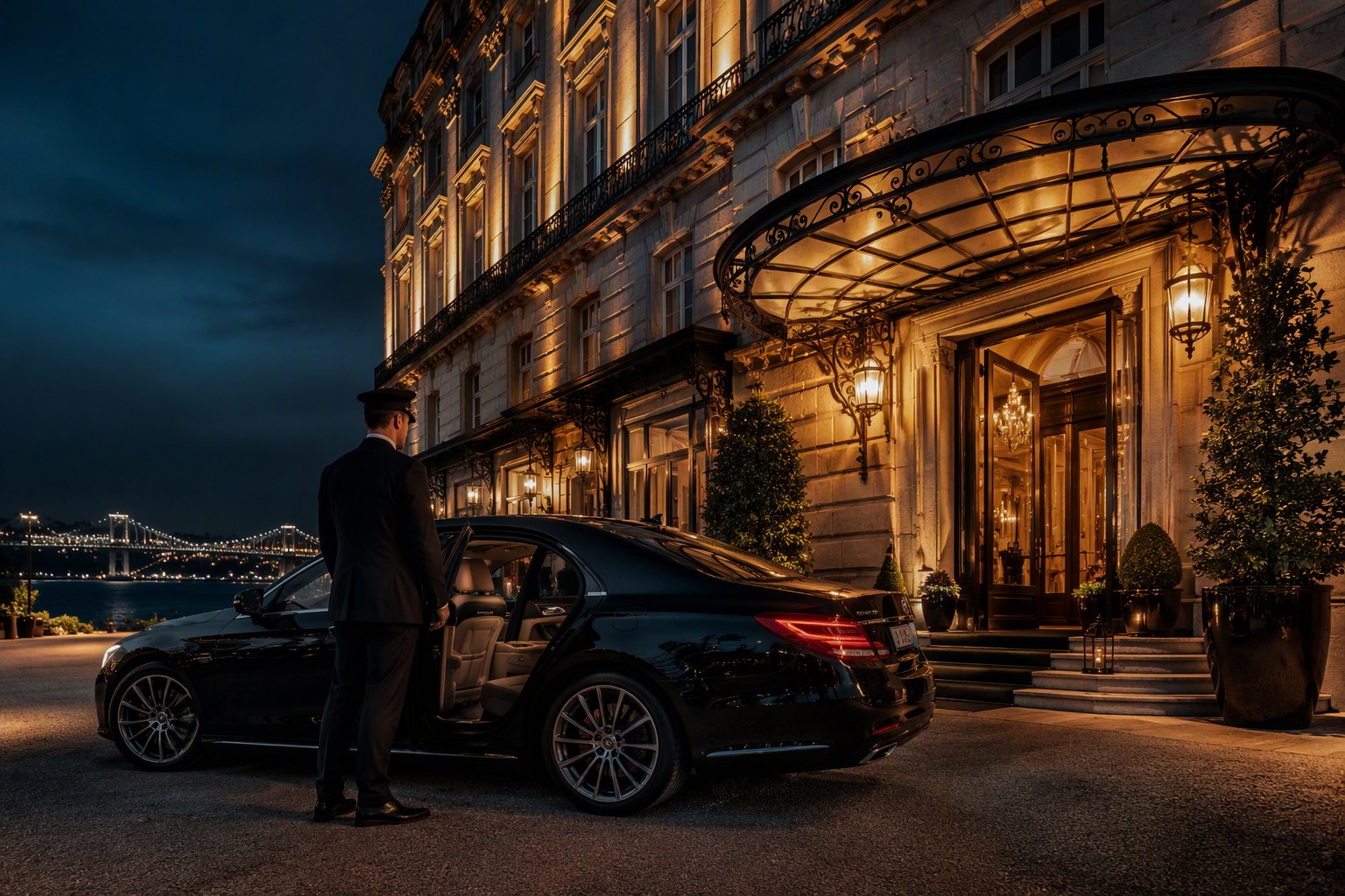 Une berline et son chauffeur devant un palace historique de Lisbonne.
