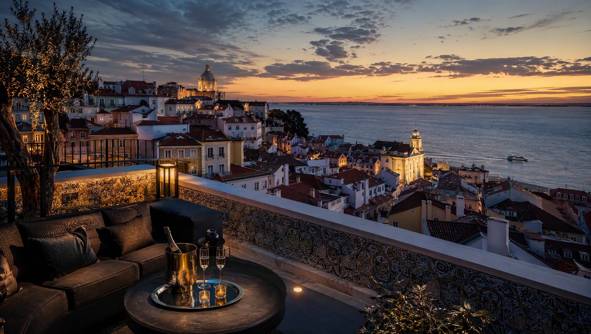 Les toits de l’Alfama et le Tage au couchant, lumière dorée.