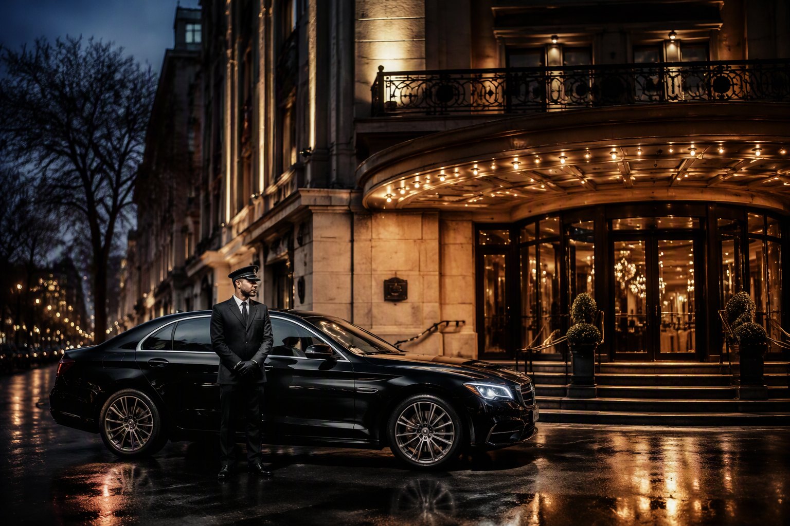 Une berline et son chauffeur devant un palace de Park Lane, la nuit.