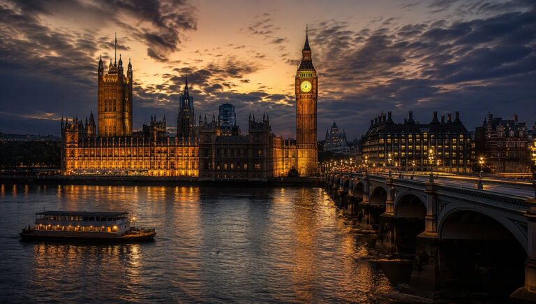 The Thames and Westminster at dusk, golden reflections on the river.