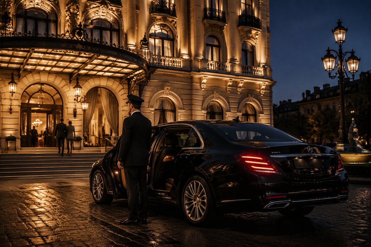 Une berline et son chauffeur devant un grand palace madrilène.