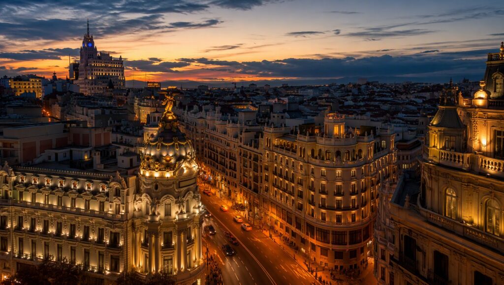 Vue de Madrid au crépuscule.