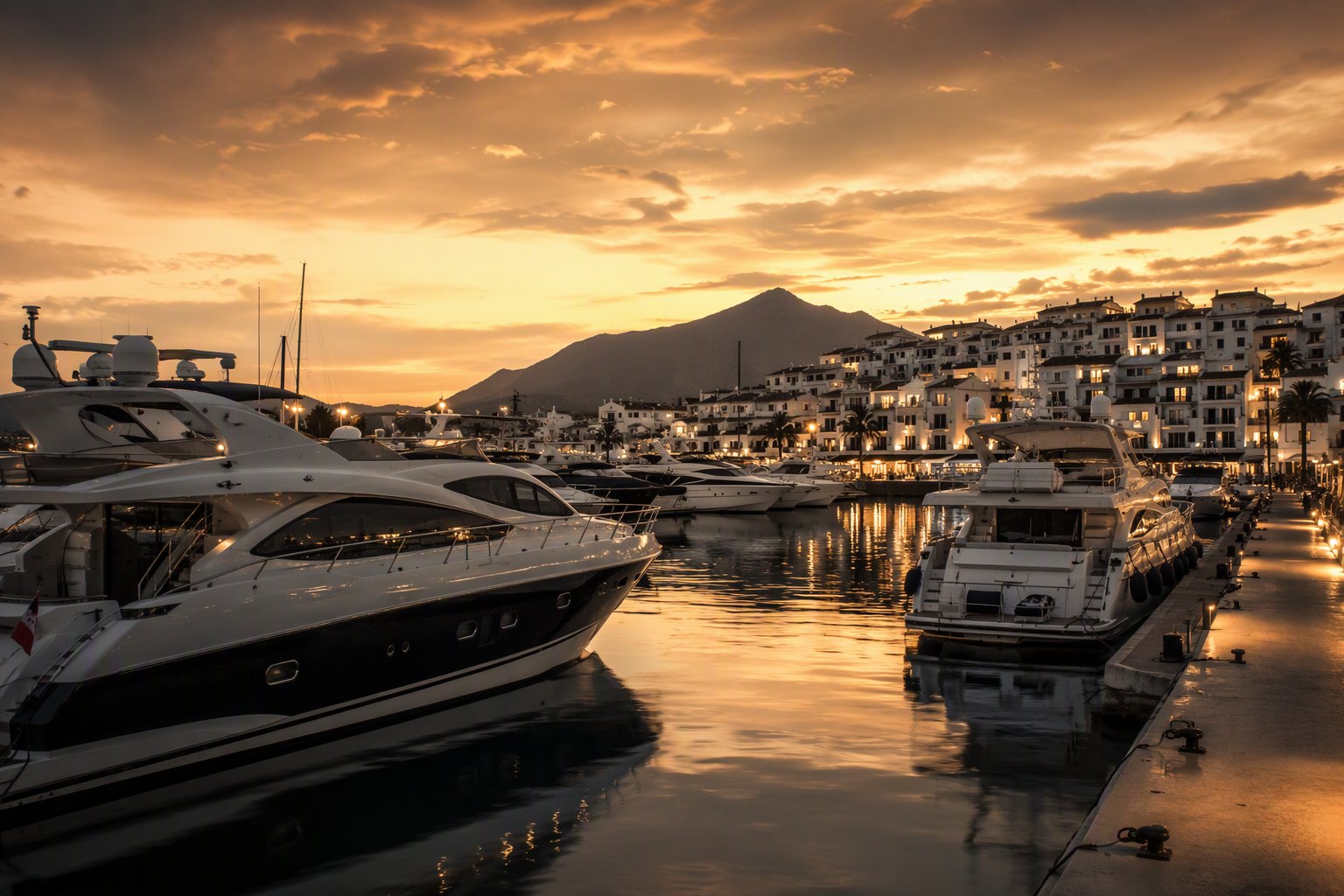 Les yachts de Puerto Banús au couchant.