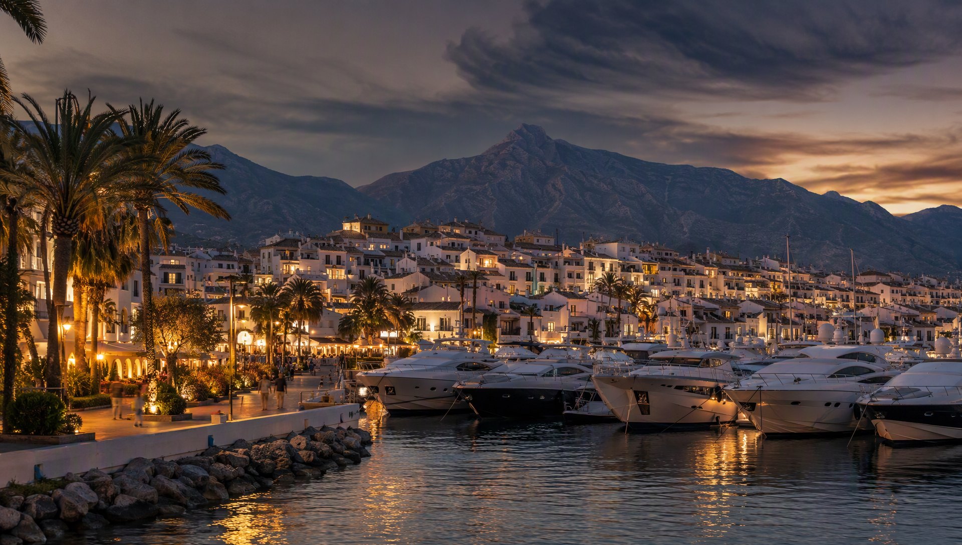 La marina de Puerto Banús au crépuscule, yachts et palmiers.