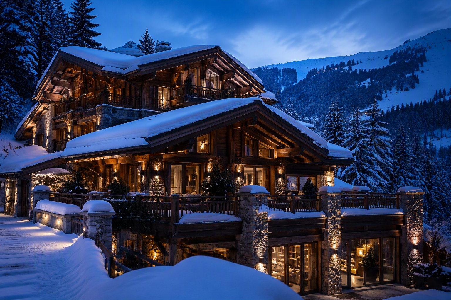 Un chalet sous la neige à l’heure bleue, à Megève.