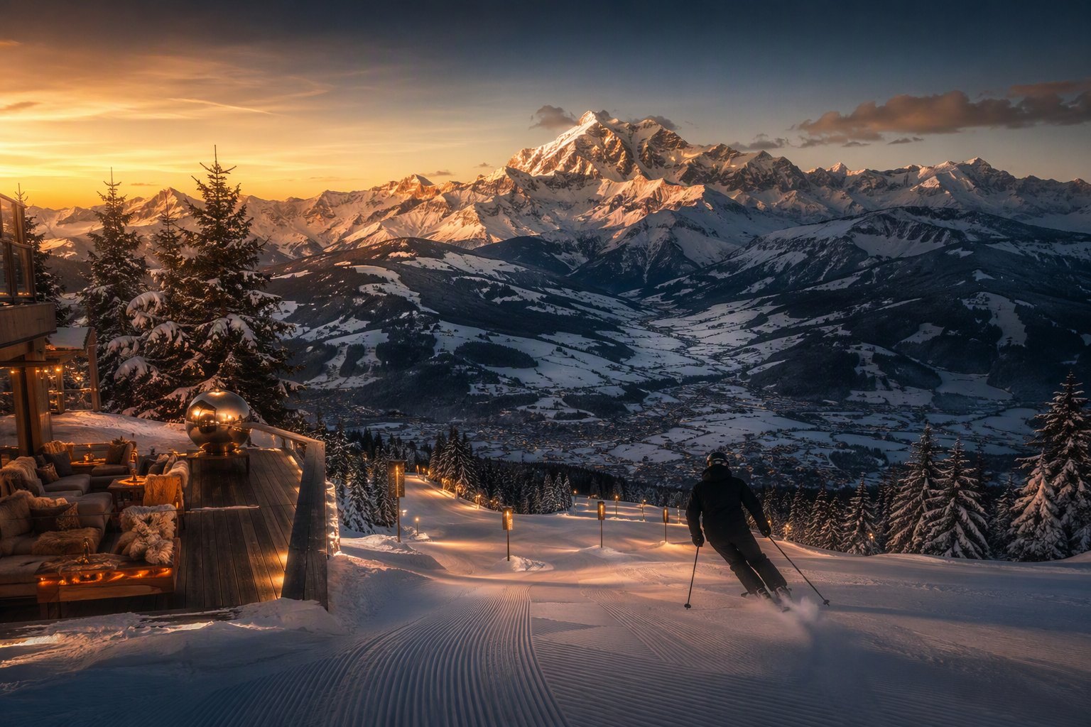 Les pistes de Megève face au Mont Blanc, à l’heure dorée.