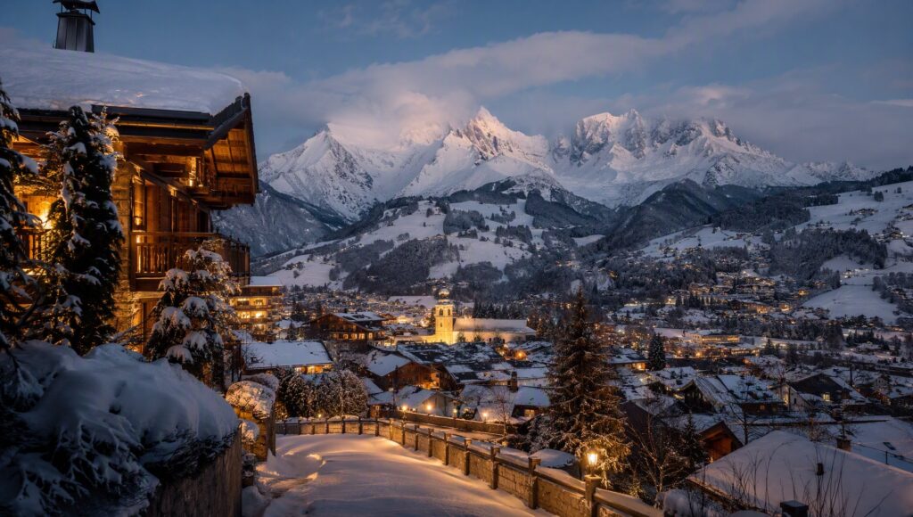 Vue de Megève au crépuscule.