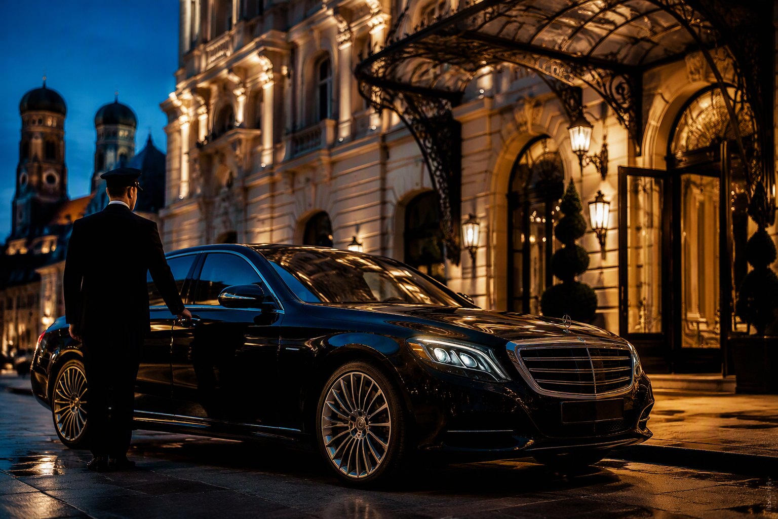 Une berline et son chauffeur devant un palace munichois.