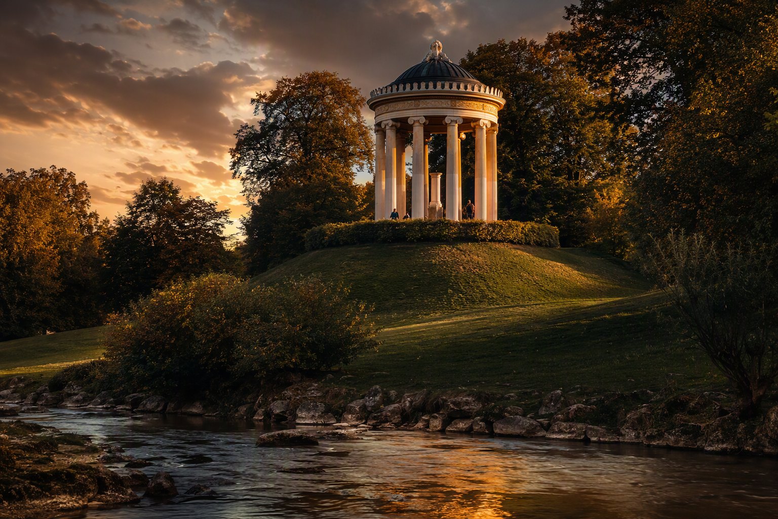 Le Monopteros de l’Englischer Garten à l’heure dorée.