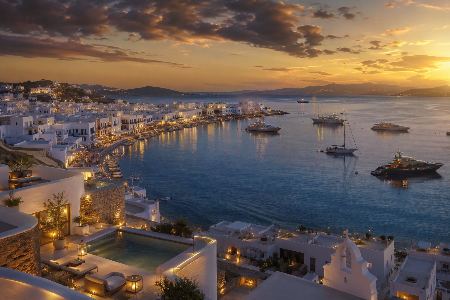 La baie de Mykonos et ses moulins au couchant.