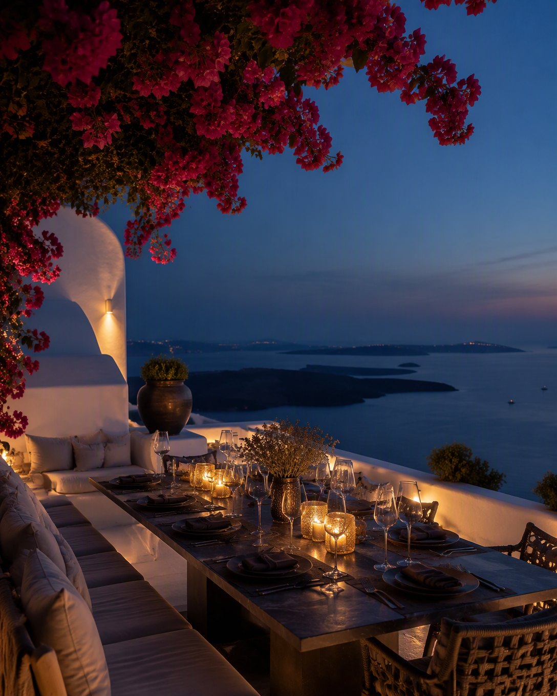 Un dîner sous les bougainvilliers, face à la mer Égée.