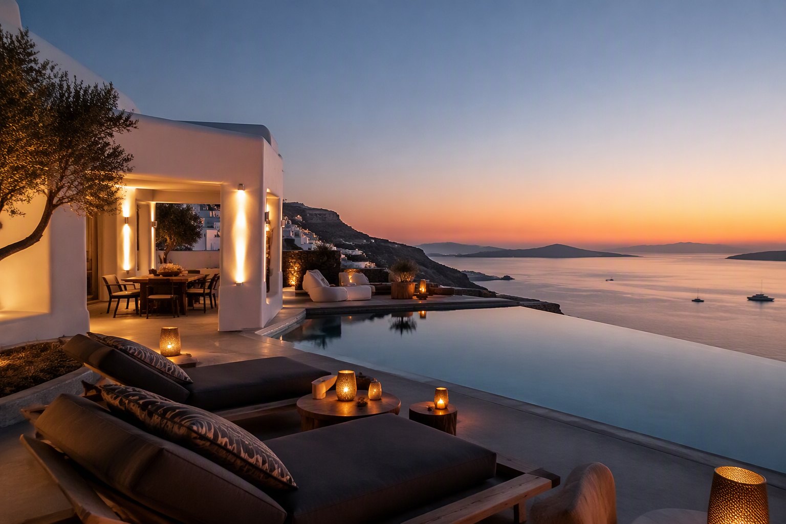 Une villa blanche et sa piscine à débordement sur l’Égée.