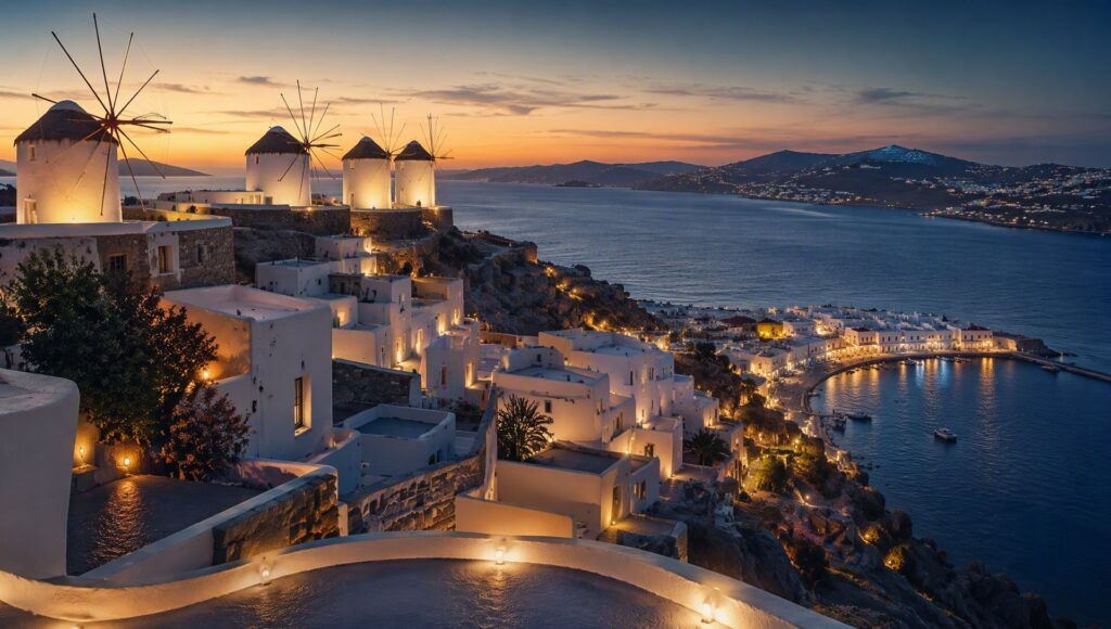 Vue de Mykonos au crépuscule.