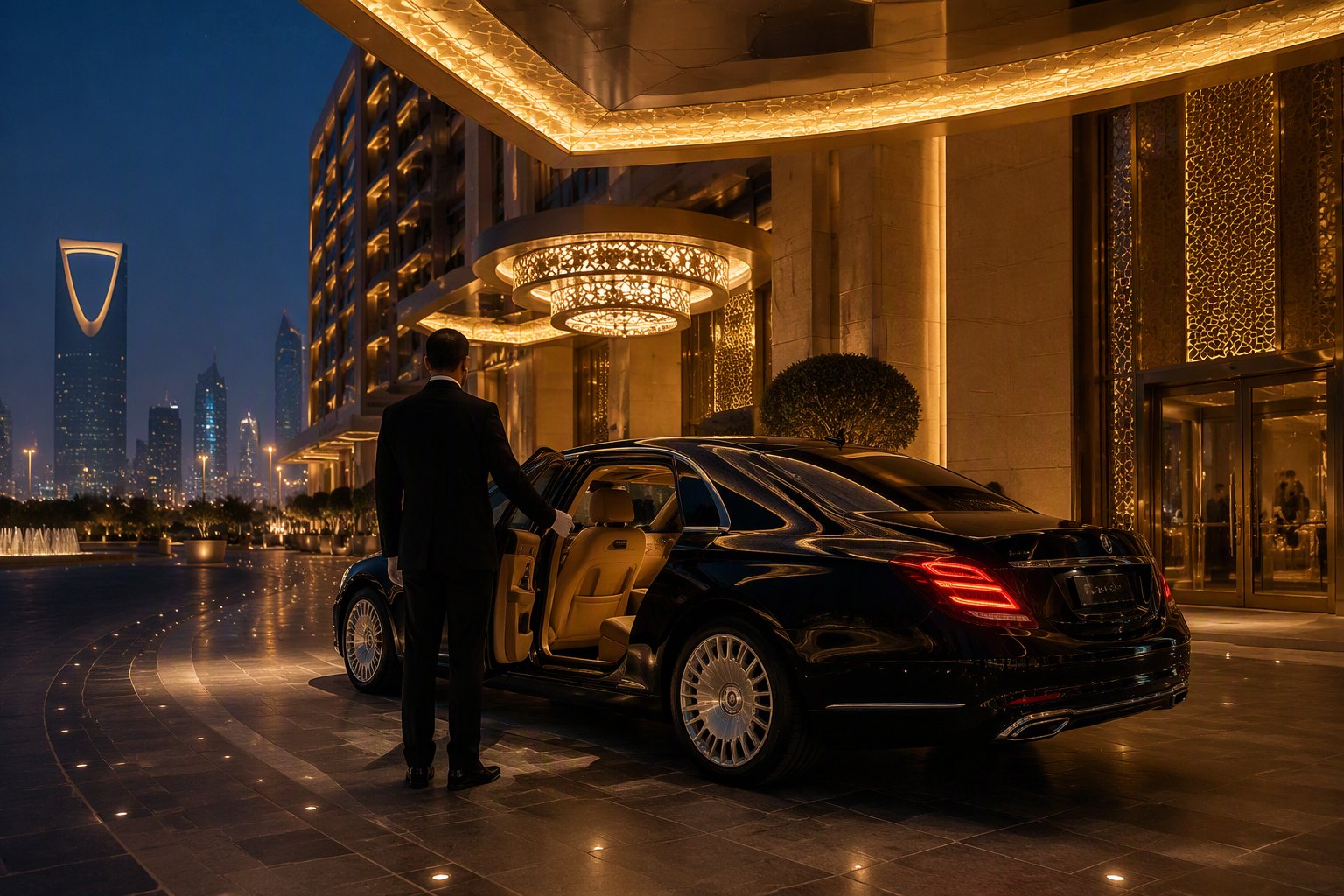 Une berline et son chauffeur devant un palace de Riyad, la nuit.