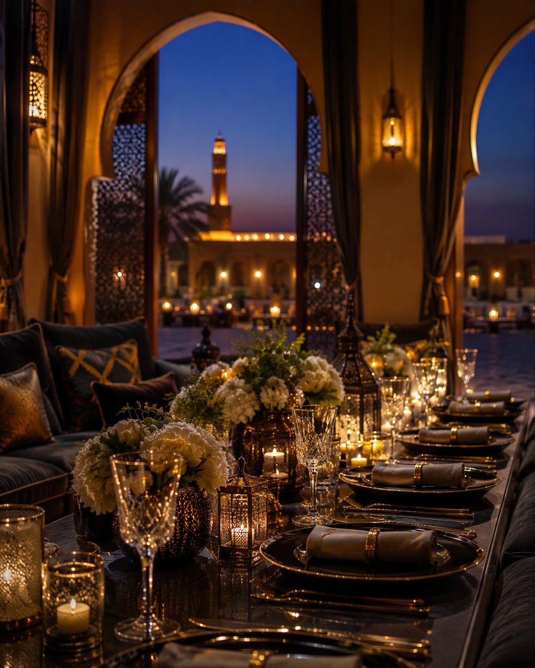 Un majlis moderne dressé pour un dîner confidentiel, à Riyad.