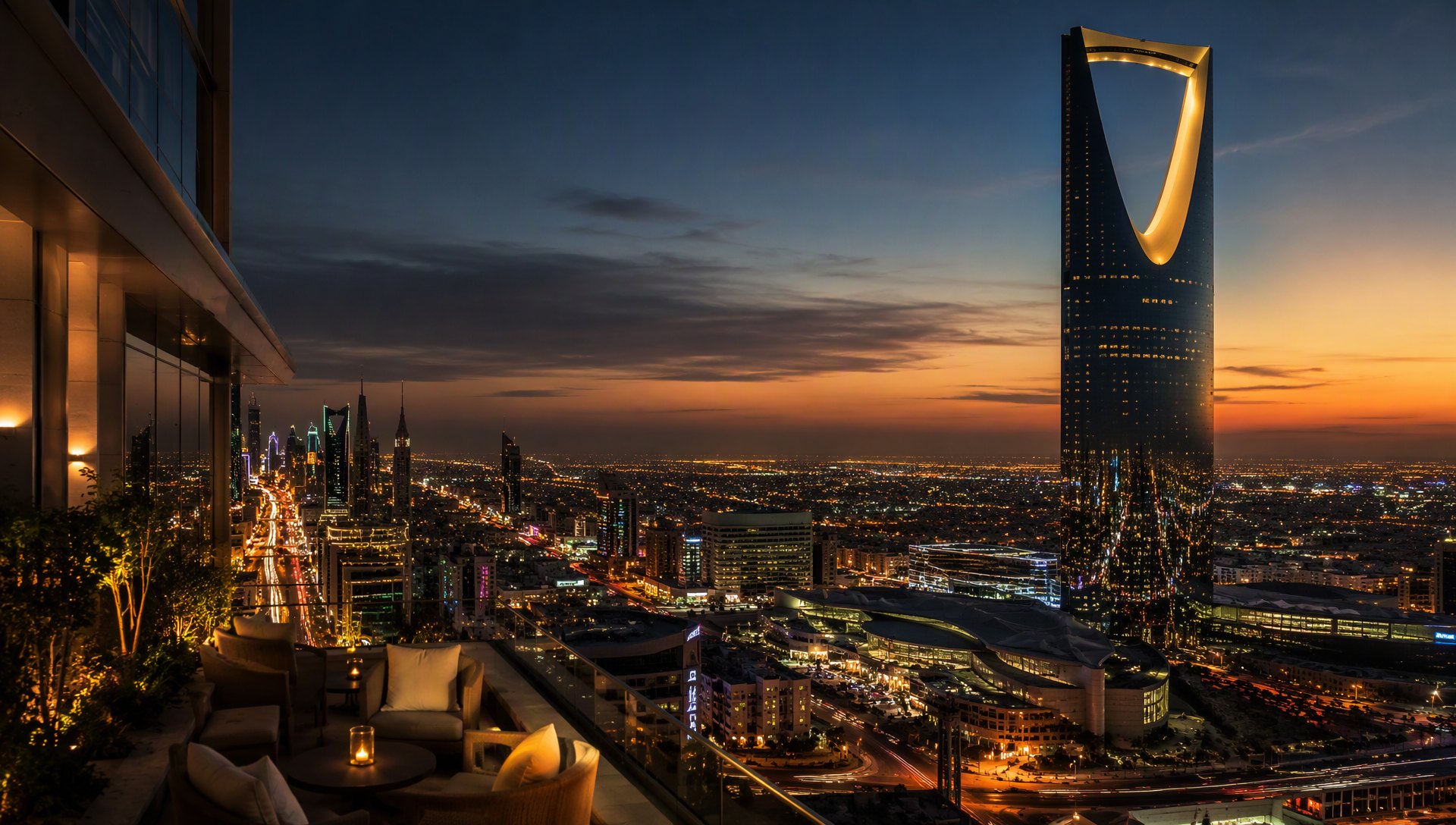La Kingdom Tower et la skyline de Riyad au crépuscule.