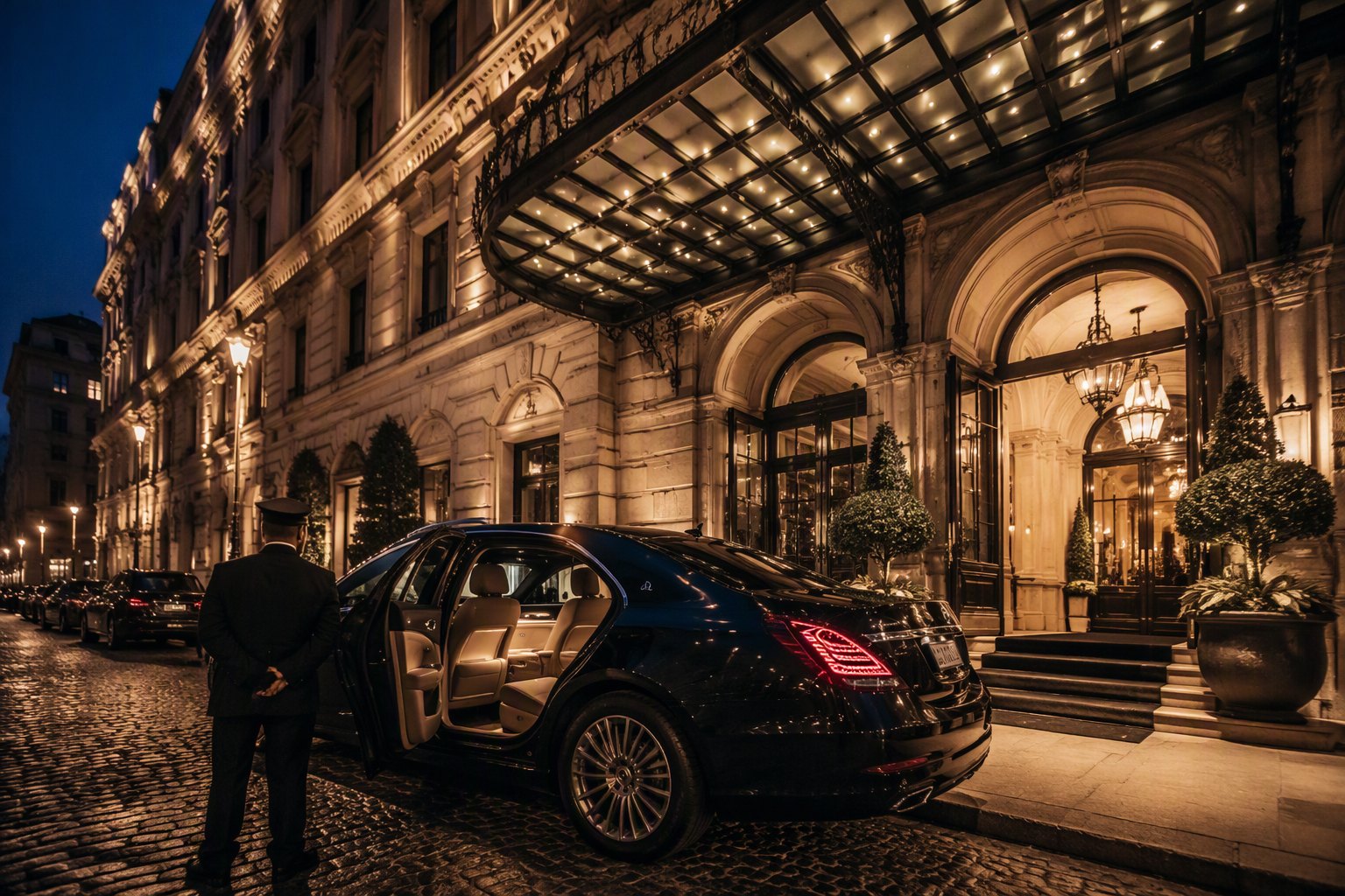 Une berline et son chauffeur devant un palazzo, la nuit.