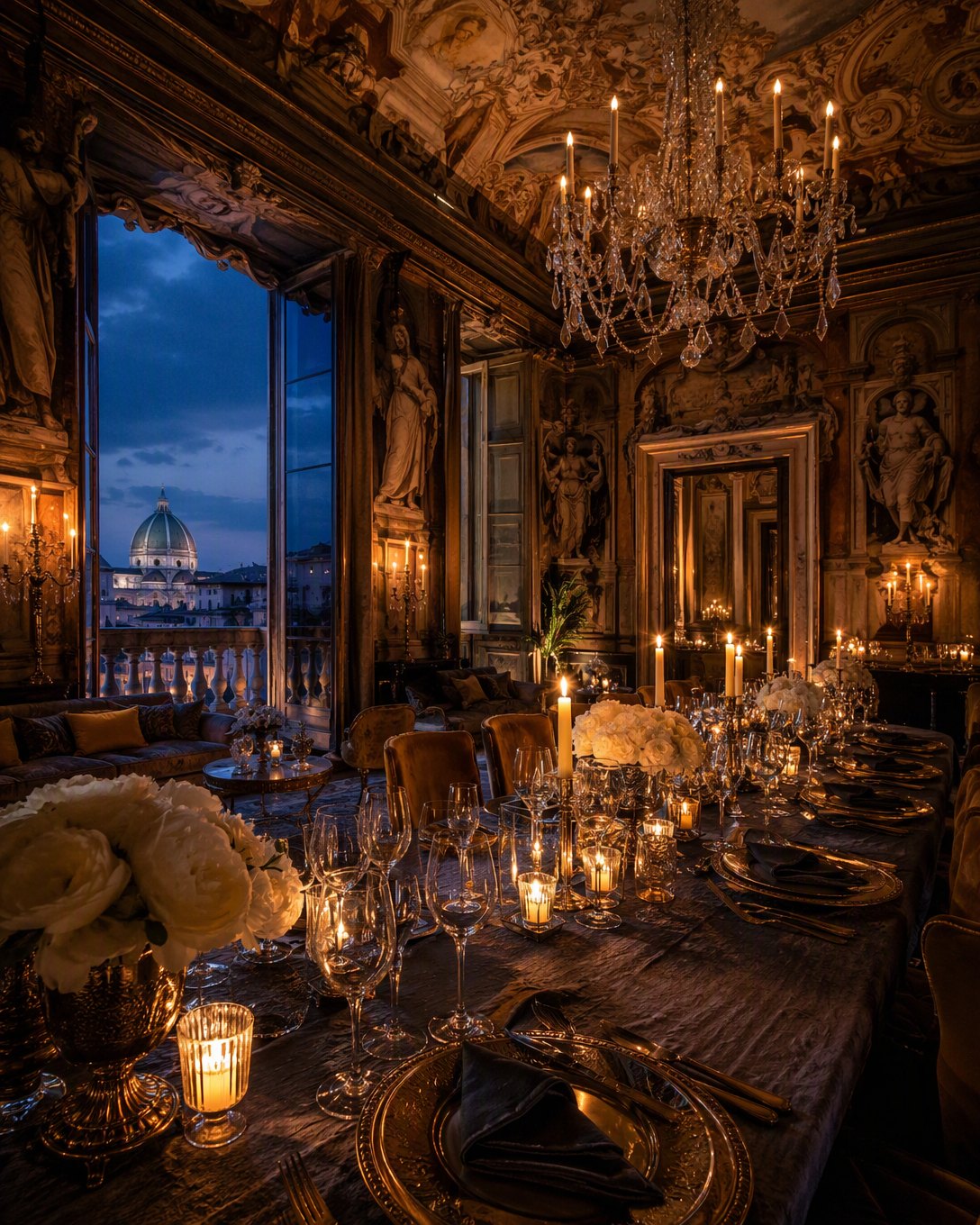 Un dîner aux chandelles sous les fresques d’un palazzo romain.