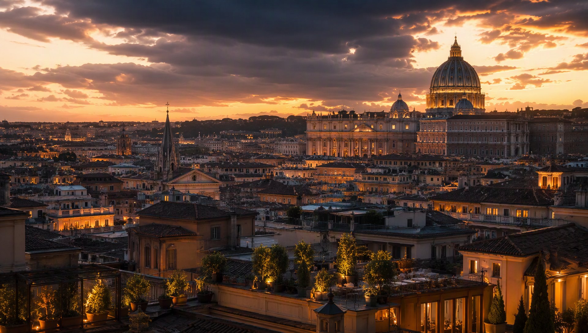 Les toits de Rome et la coupole Saint-Pierre au crépuscule.
