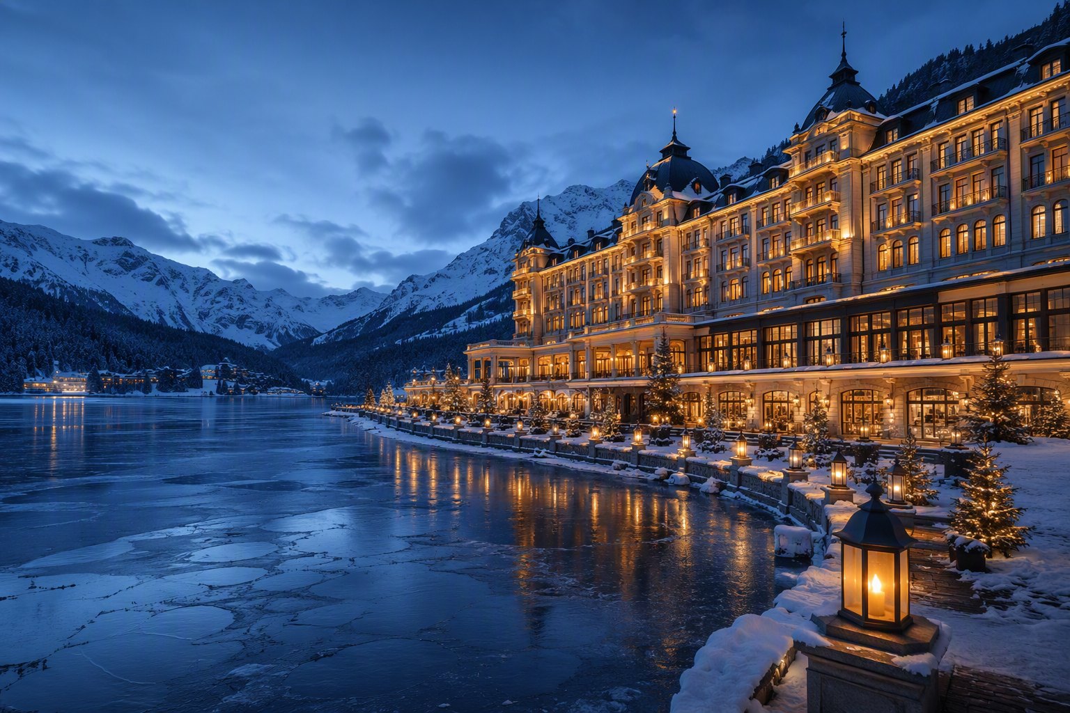 Le palace au bord du lac gelé, à l’heure bleue.