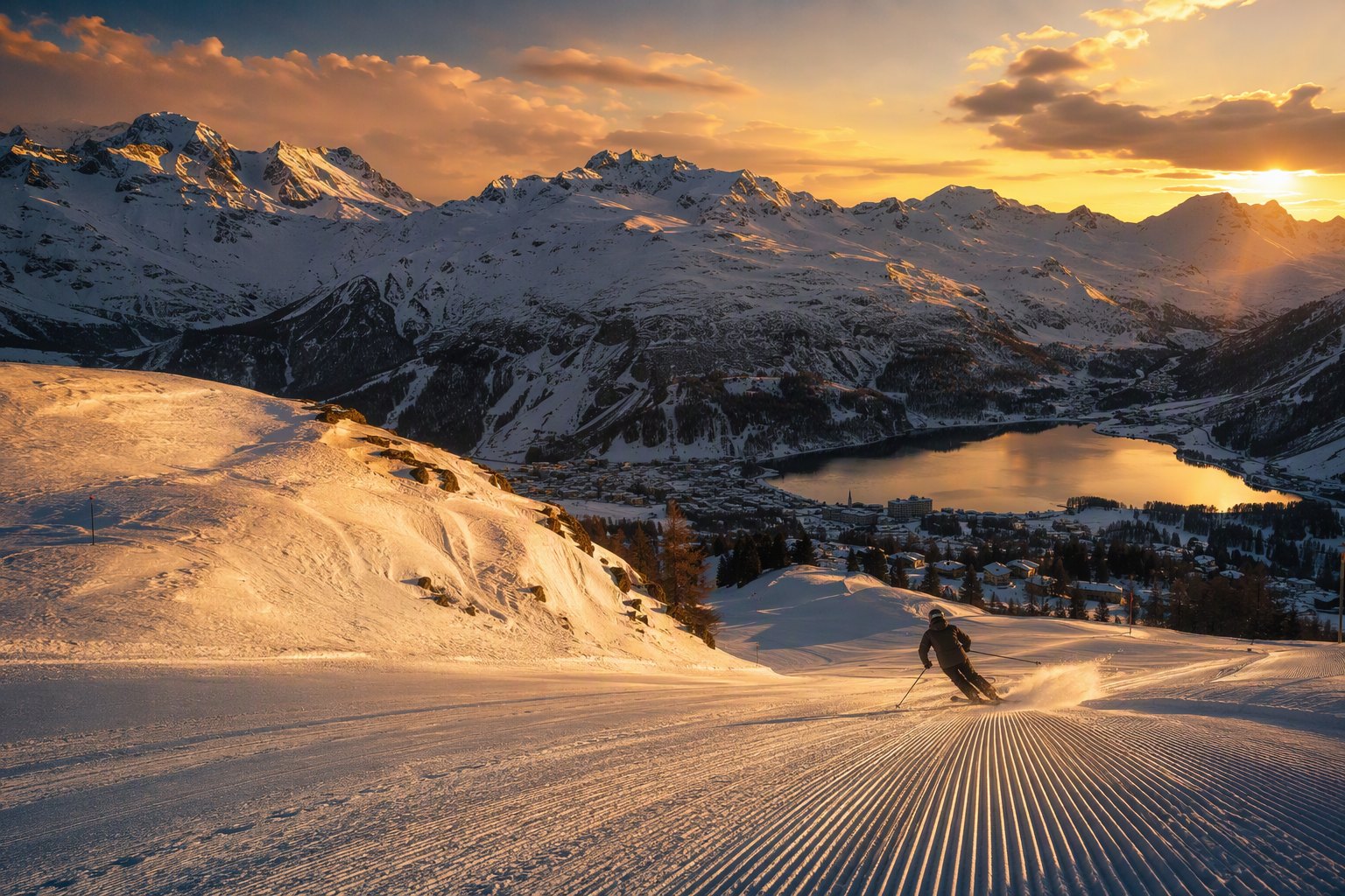 Les pistes d’Engadine sous la lumière dorée.