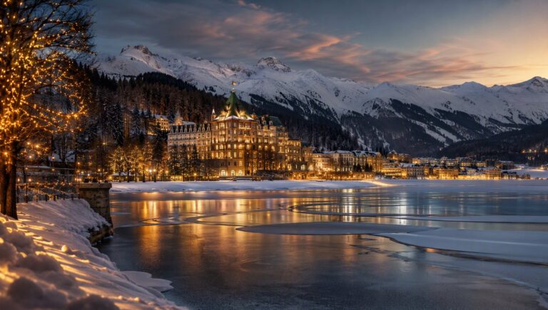 The frozen lake of St Moritz and its legendary palace at dusk.