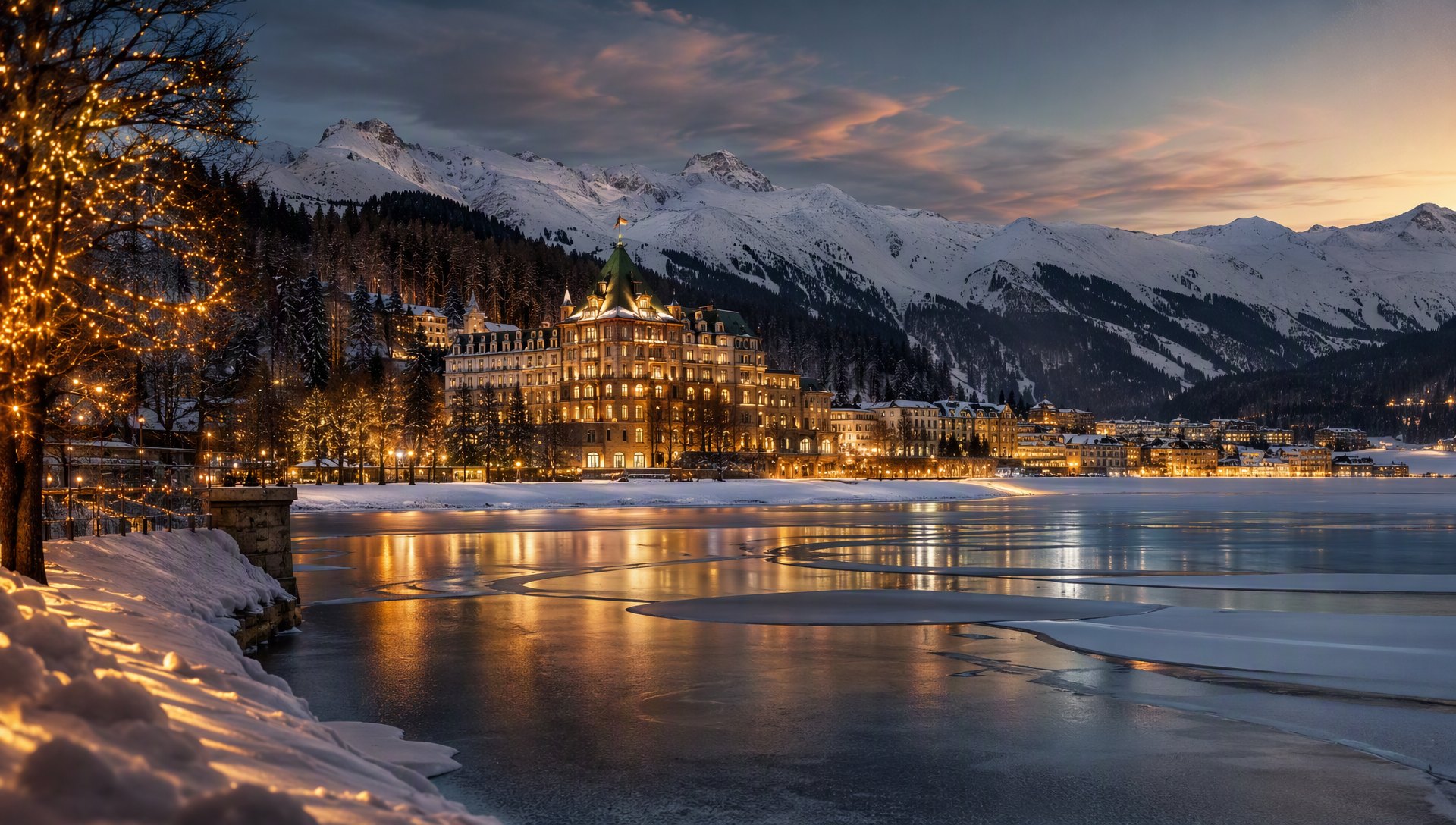 Le lac gelé de Saint-Moritz et son palace légendaire au crépuscule.