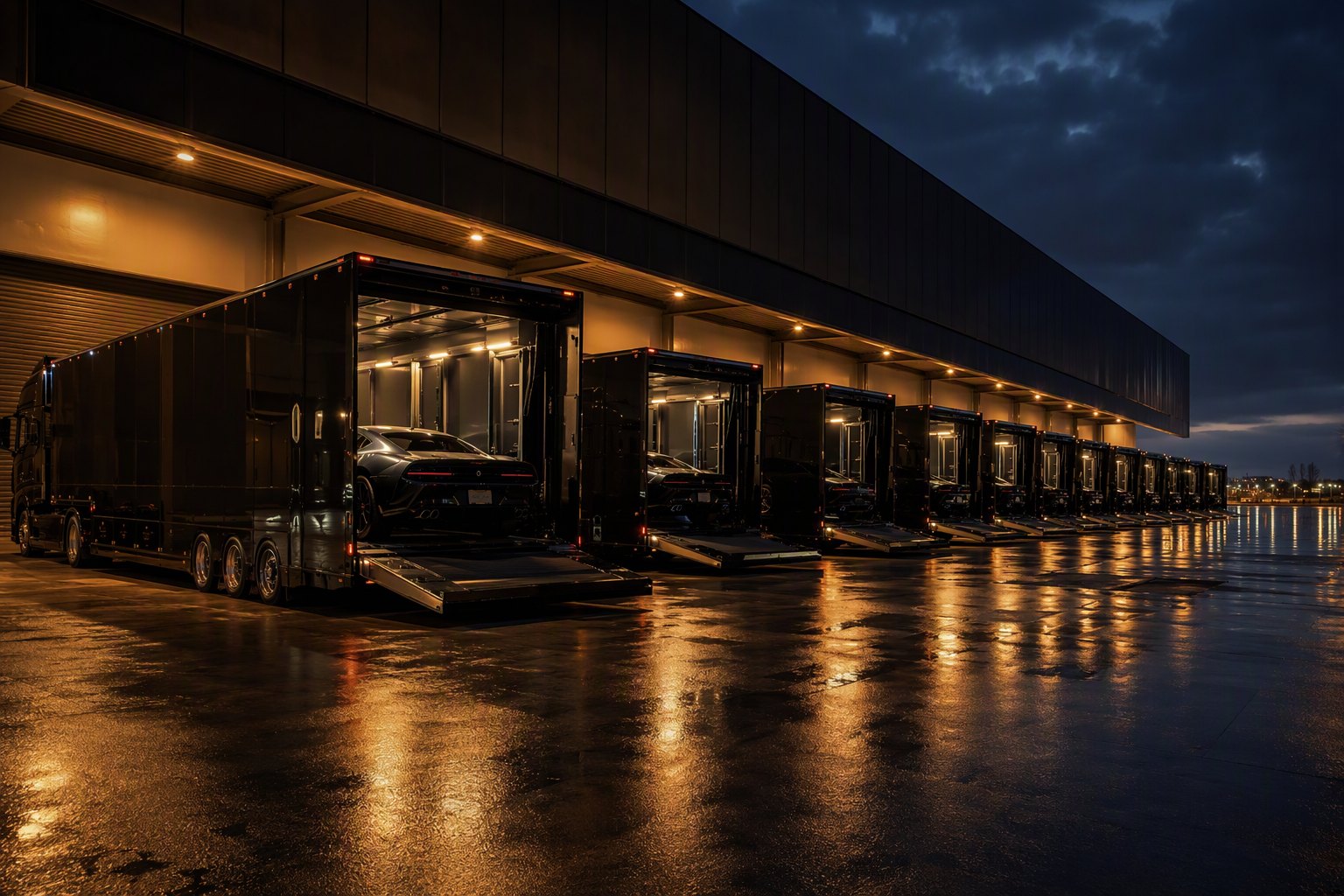 Une flotte de camions fermés prête au départ, logistique automobile de nuit.