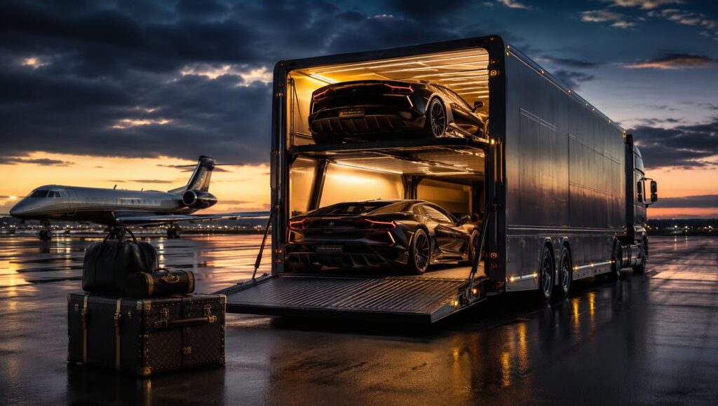 An enclosed luxury car transport truck on a private tarmac.