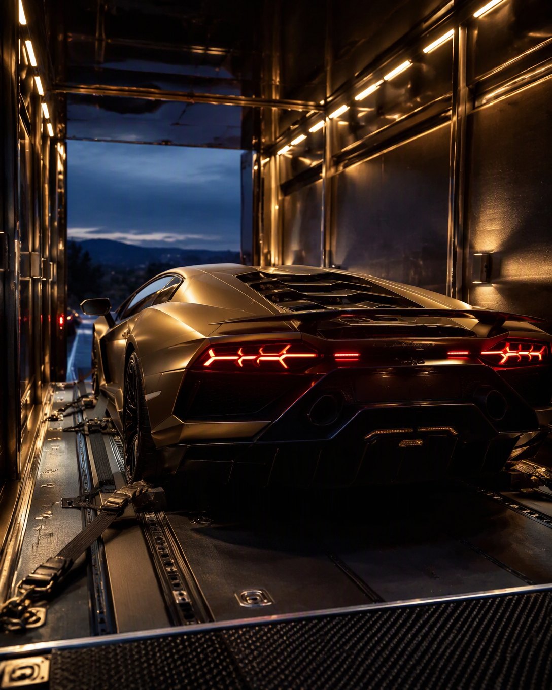 Une supercar arrimée avec soin dans un camion fermé, sangles souples et cales dédiées.