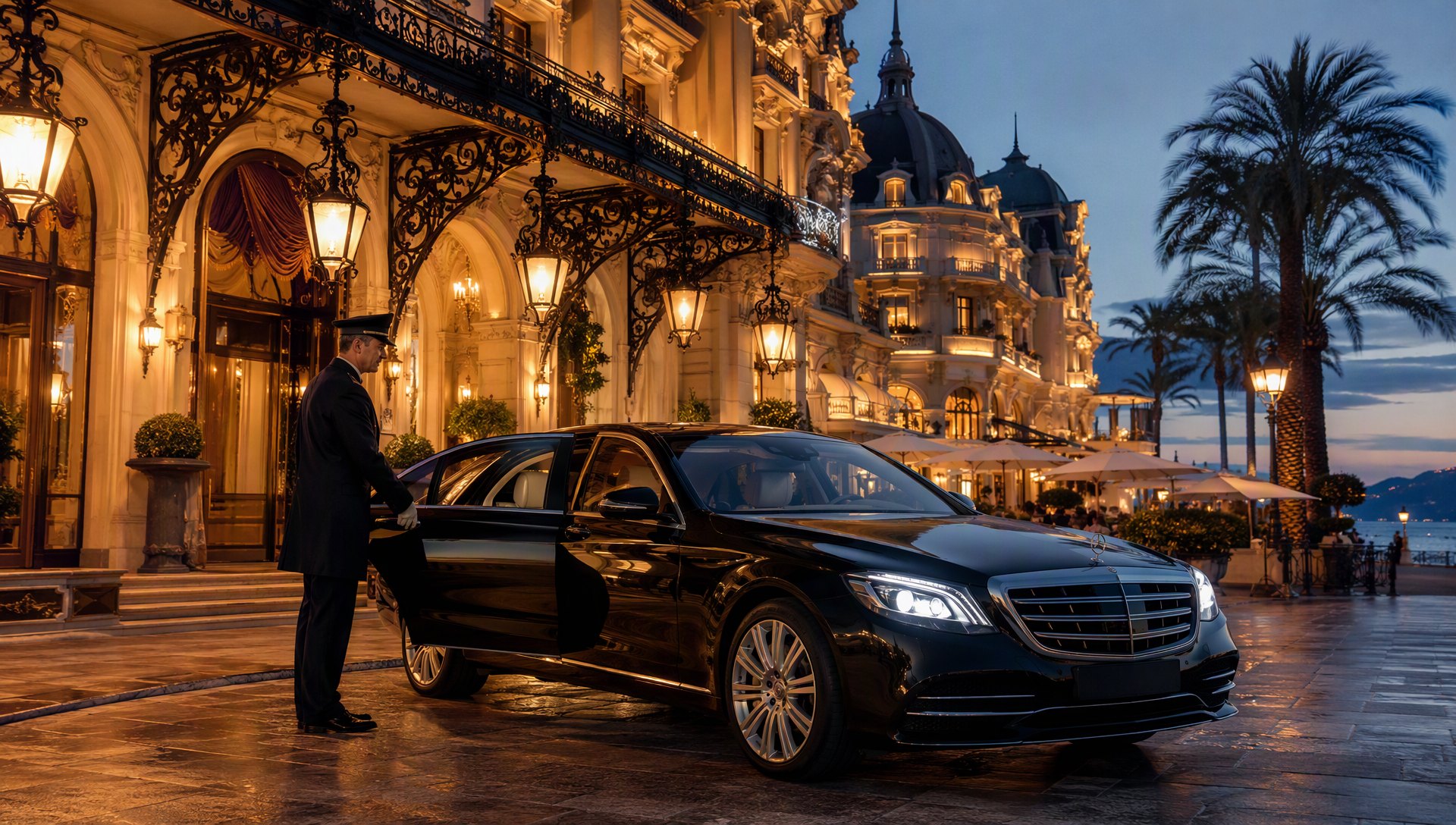 Une berline noire et son chauffeur devant un palace de la Riviera, à la tombée du jour.
