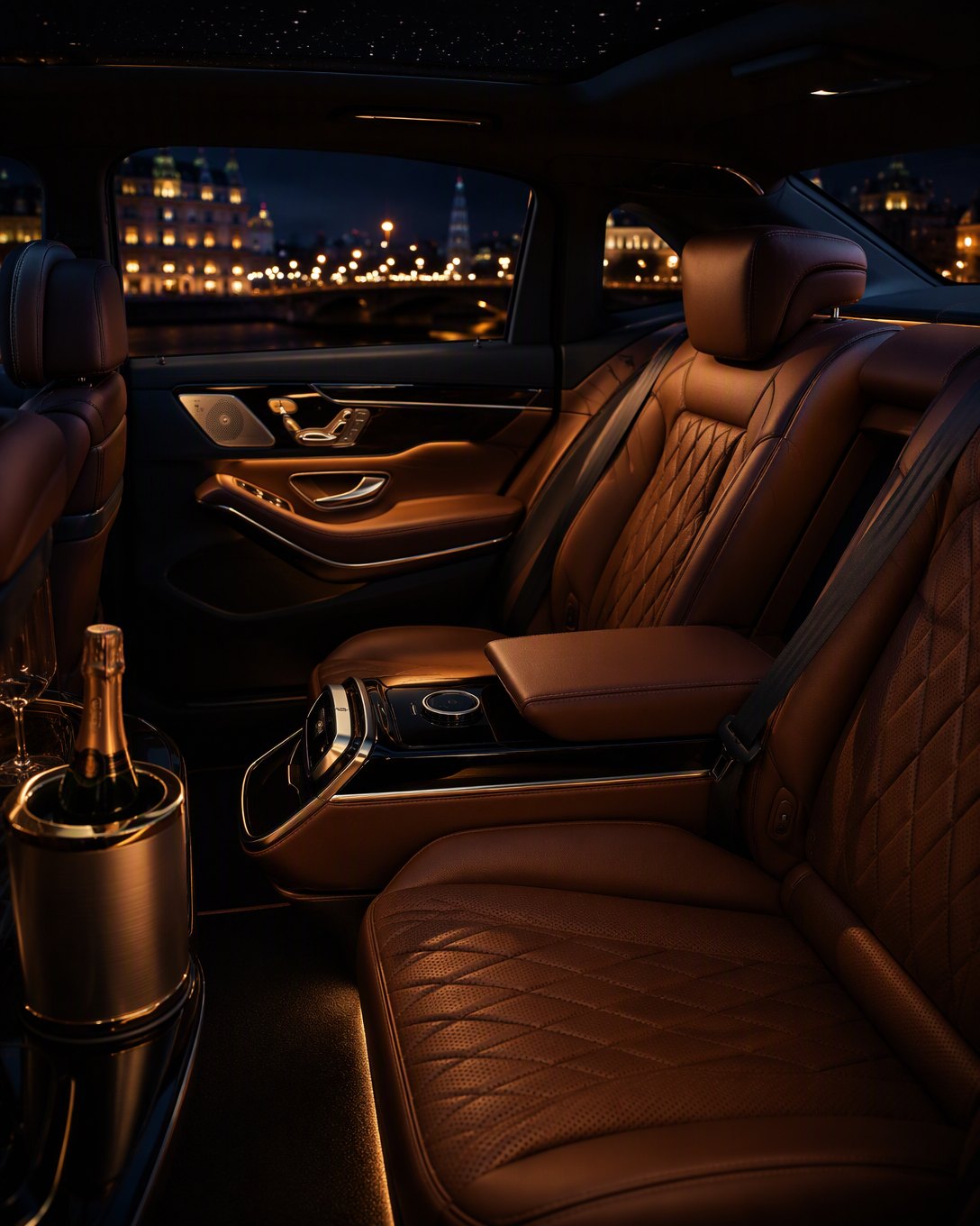 L’intérieur feutré d’une berline de prestige, cuir cognac et lumière ambrée.